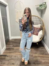 CHANEL BLUE FLORAL LONG SLEEVE MESH BLOUSE TOP