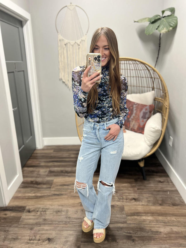 CHANEL BLUE FLORAL LONG SLEEVE MESH BLOUSE TOP