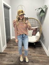 BRIELLE RUST STRIPE PUFF SLEEVE LONG SLEEVE TOP