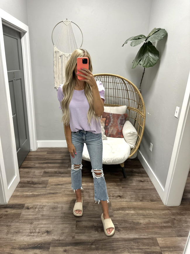 SAMANTHA LAVENDER SMOCKED SLEEVE BLOUSE TOP