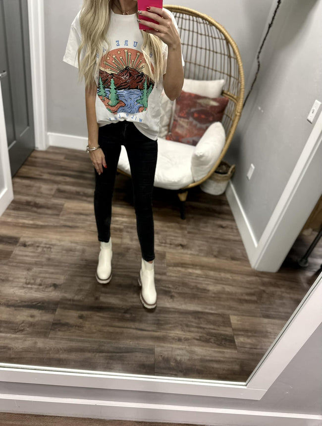 WHITE ADVENTURE AWAITS GRAPHIC TEE