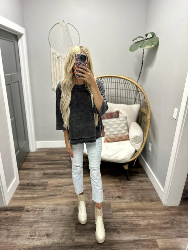 CAMDEN WASHED BLACK DROP SHOULDER SWEATER TOP