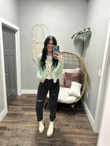 KARA MINT KNIT BOW TIE FRONT CARDIGAN TOP