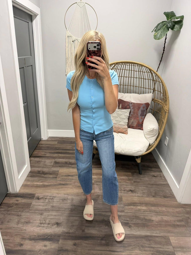 JUDY BRIGHT BLUE SHORT SLEEVE HENLEY TOP