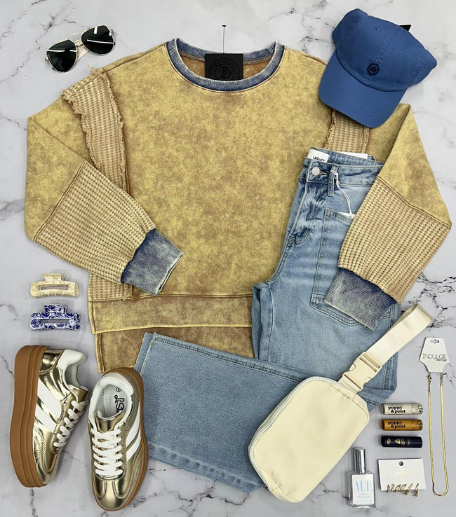 JAYDEN WASHED MUSTARD DENIM THERMAL LONG SLEEVE TOP