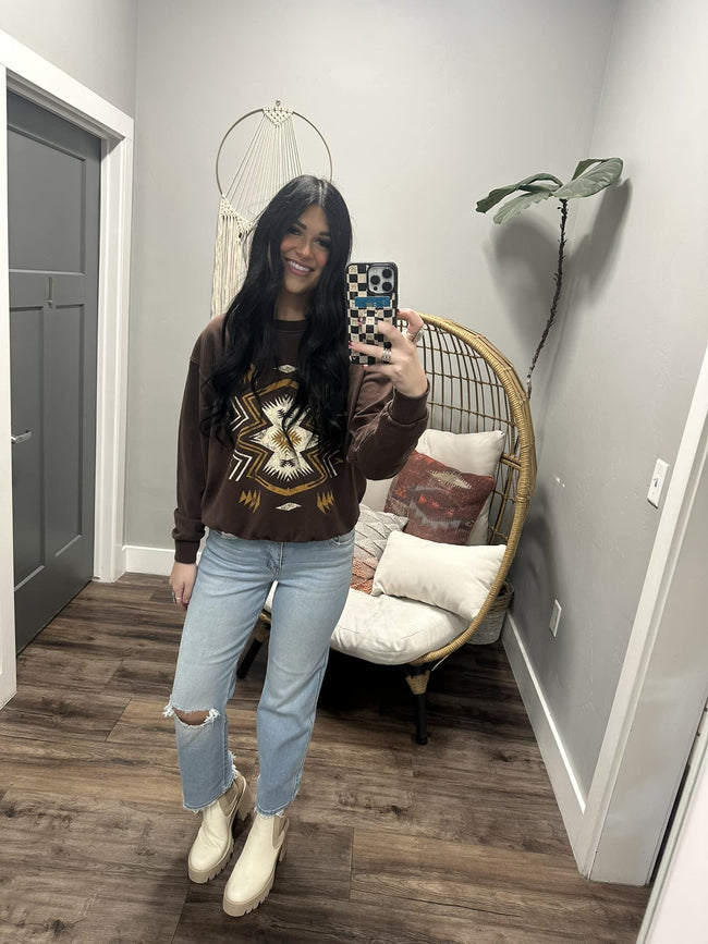 CHOCOLATE AZTEC PRINTED CREW SWEATER