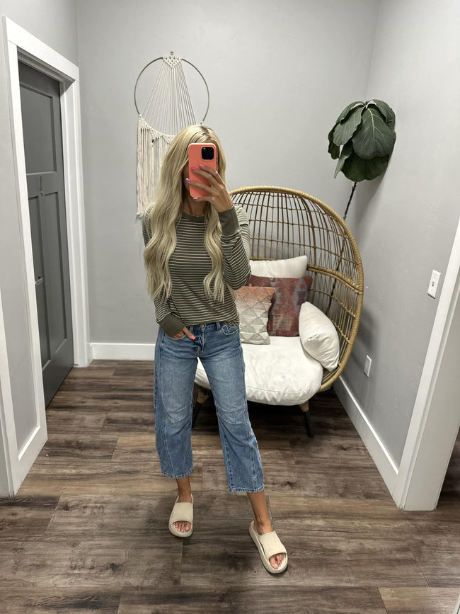 JENNIE LONG SLEEVE OLIVE AND CREAM STRIPE LONG SLEEVE TOP