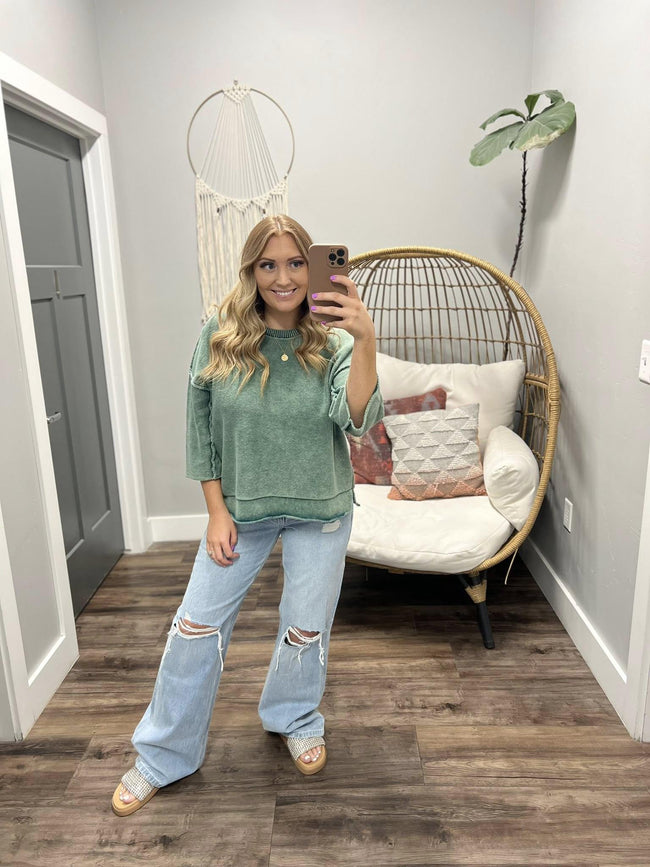 CAMDEN WASHED GREEN DROP SHOULDER SWEATER TOP