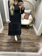 MEET ME AT MIDNIGHT DEEP NAVY STAIN TIERED DRESS