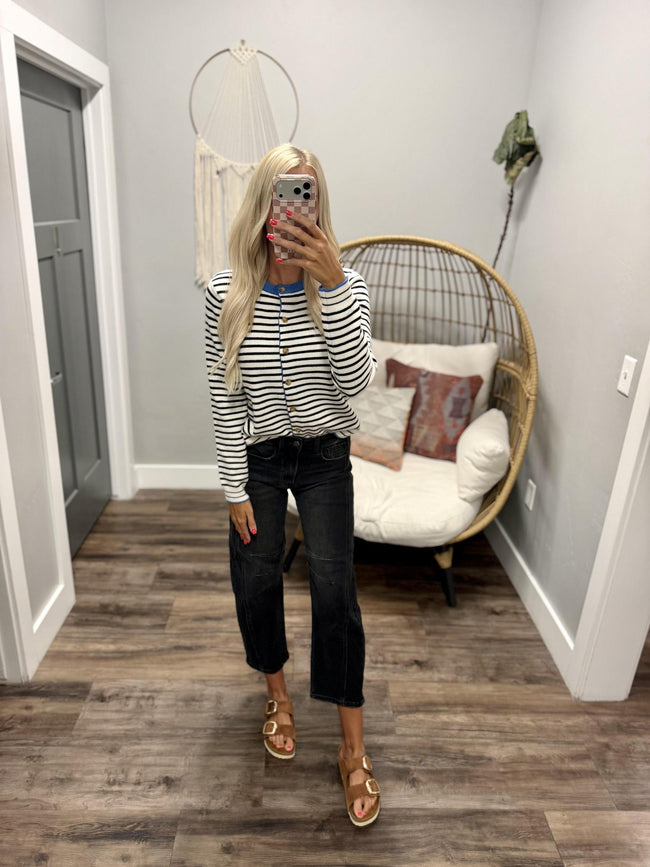 STACEY STRIPE COBALT RINGER CARDIGAN