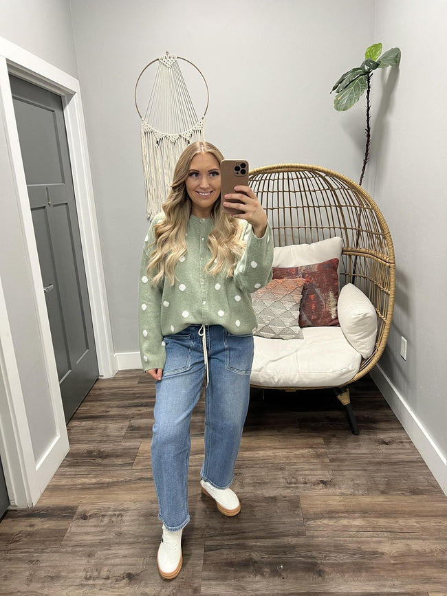 SADIE LONG SLEEVE POLKA DOT SAGE CARDIGAN