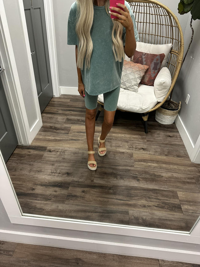 OLIVE WASHED BIKER SHORT SET