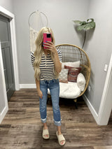 LEAH CREAM AND NAVY HENLEY COLARED SWEATER TOP