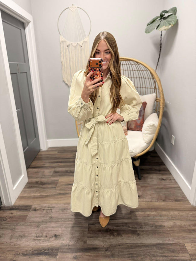 KRIS CREAM TIERED BUTTON FRONT BELTED DENIM DRESS