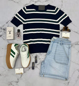 TAWNYA NAVY MULTI STRIPE SHORT SLEEVE SWEATER TOP