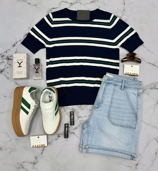 TAWNYA NAVY MULTI STRIPE SHORT SLEEVE SWEATER TOP