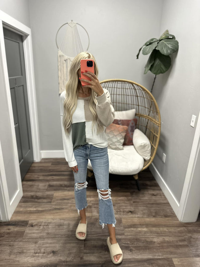 HENLEY OLIVE COLORBLOCK LONG SLEEVE TOP