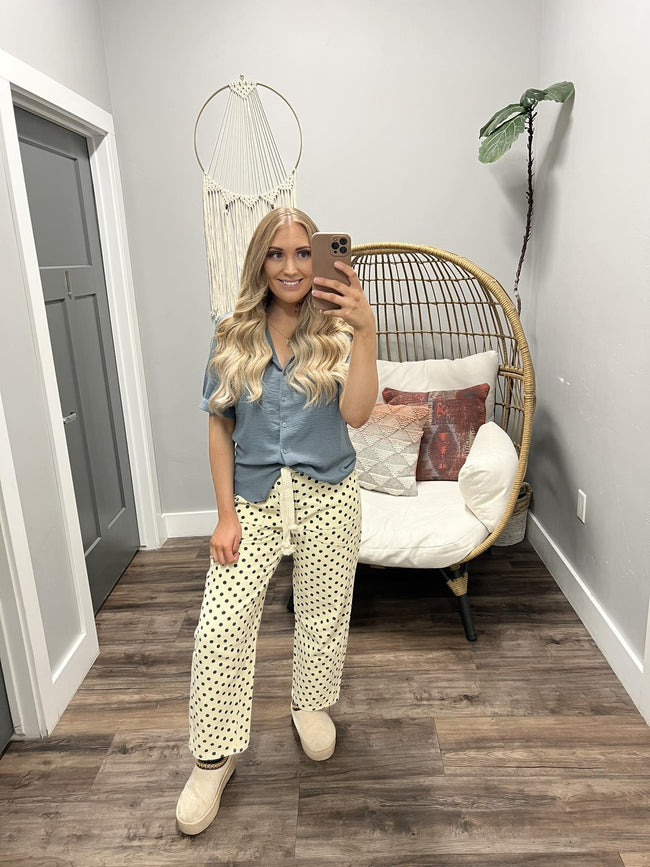 DONNA POLKA DOT BELTED TIE WAIST DENIM PANTS