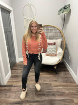 KENDRA RUST PLAID BOW DETAIL SWEATER TOP