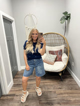 HARRISON NAVY STAR EMBROIDERED PUFF SLEEVE BLOUSE TOP