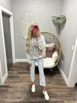 HEATHER GREY OYSTER CLUB GRAPHIC CREW SWEATER