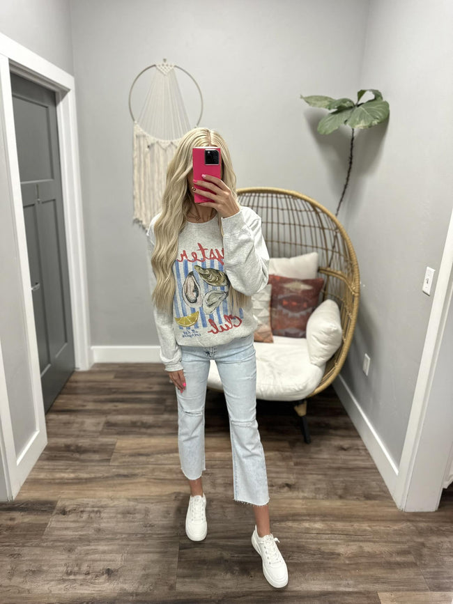 HEATHER GREY OYSTER CLUB GRAPHIC CREW SWEATER