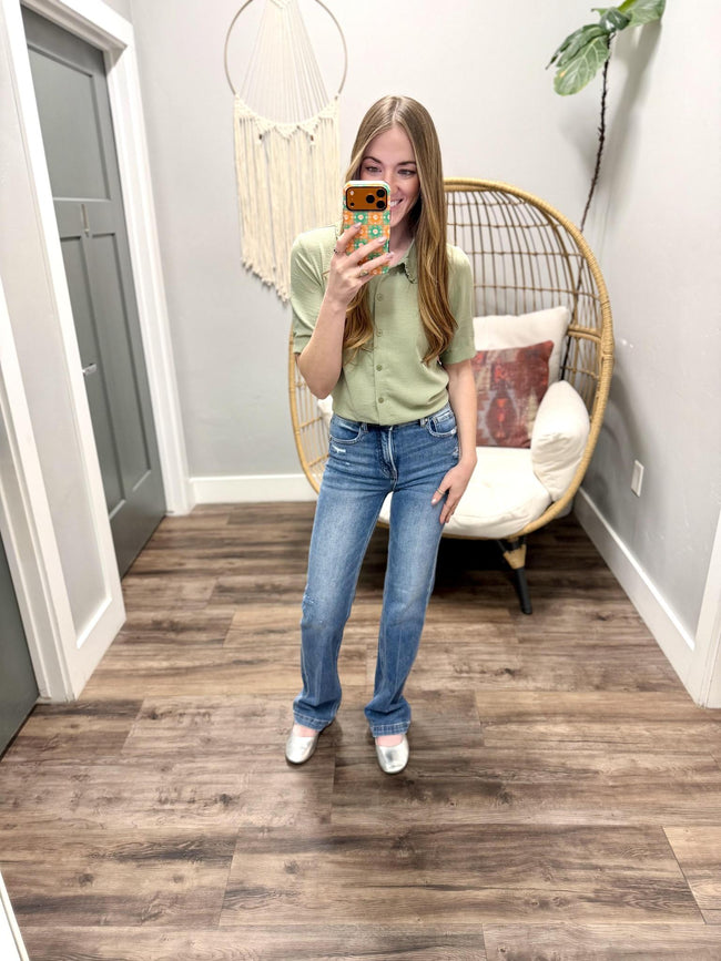 FOG GREEN RUFFLED SLEEVE COLLARED BLOUSE TOP