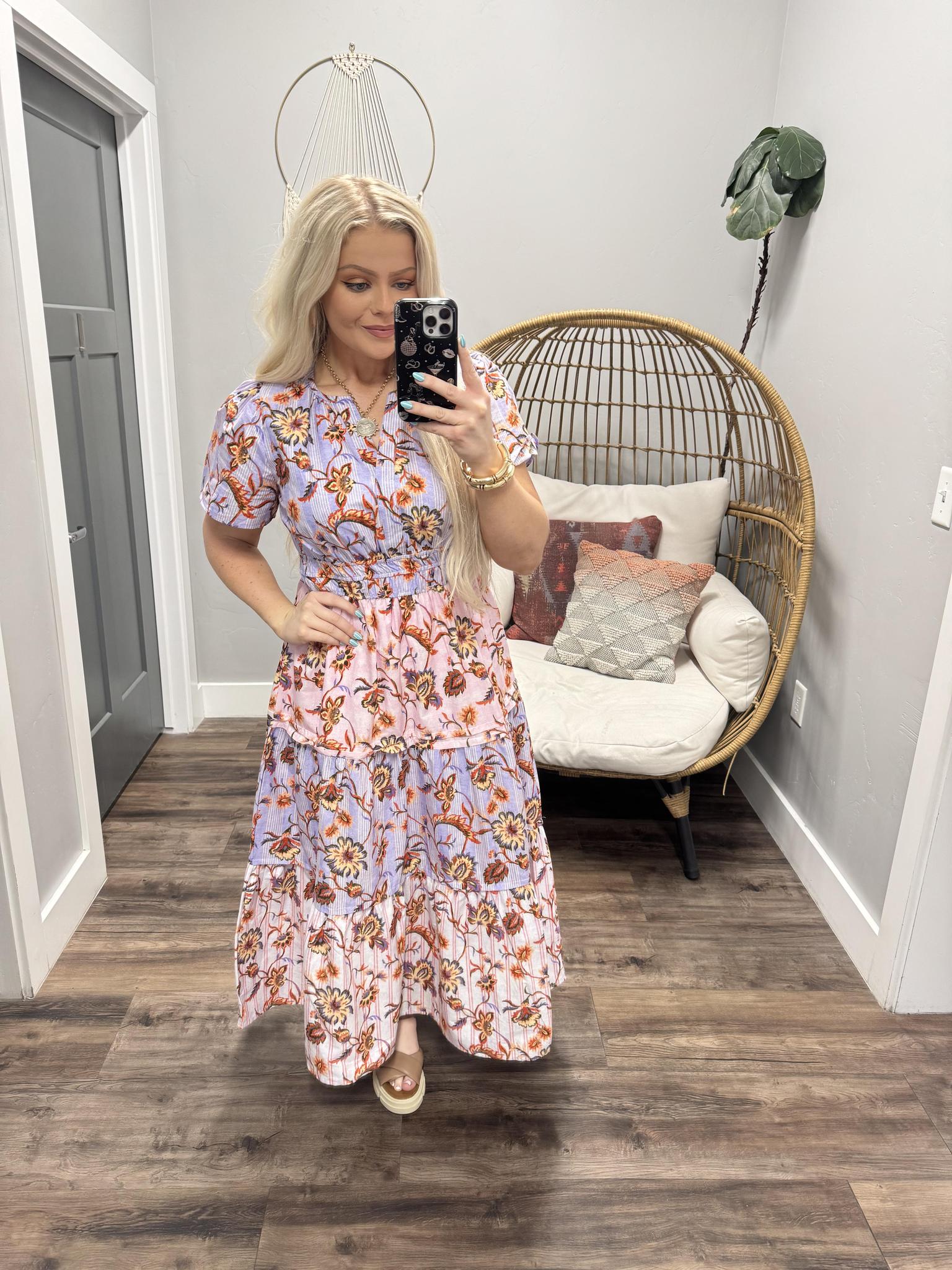 KELLIE LAVENDER AND PINK FLORAL MIDI DRESS