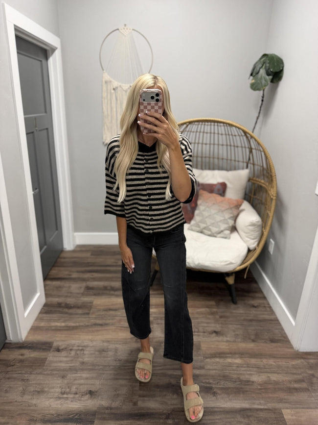 SARAH BLACK AND TAUPE STRIPE CARDIGAN TOP
