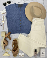 KARLA HEATHERED BLUE RAW EDGE BUTTON UP SHORT SLEEVE CARDIGAN TOP