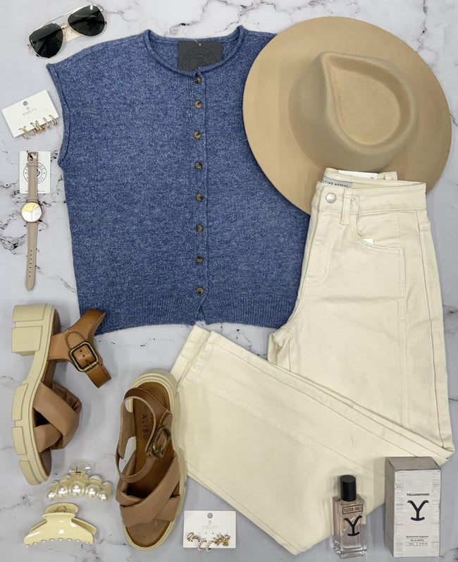 KARLA HEATHERED BLUE RAW EDGE BUTTON UP SHORT SLEEVE CARDIGAN TOP