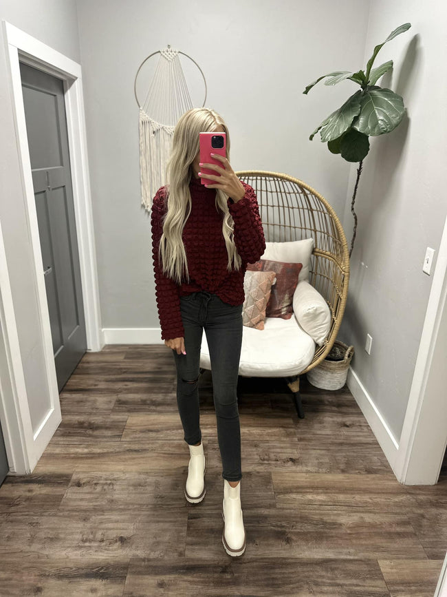 BOX OUT BURGUNDY PUFF LONG SLEEVE BLOUSE