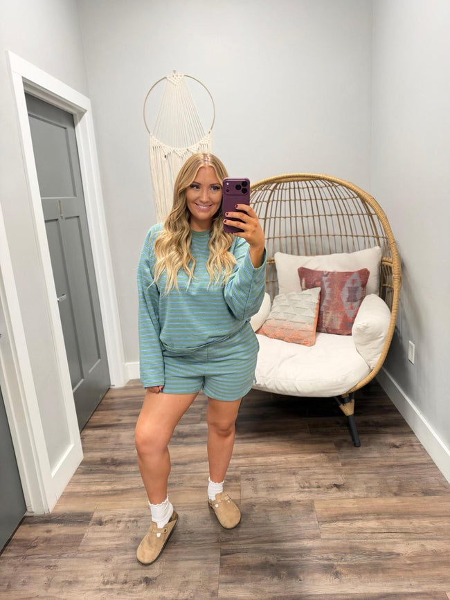 KAYLA OLIVE AND BLUE STRIPED SHORTS