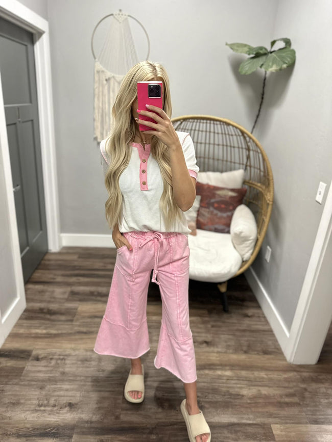LIV WHITE RIBBED HENLEY BUTTON FRONT TOP