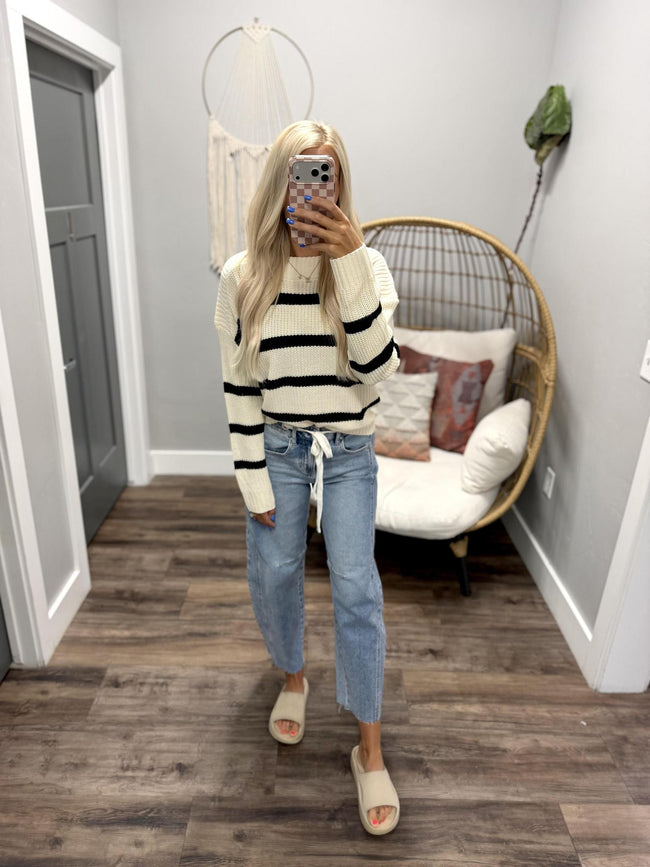 REBECCA CREAM AND BLACK STRIPE KNIT SWEATER TOP