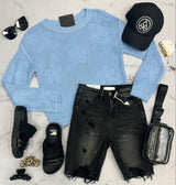 HAYLEE LIGHT BLUE FLORAL KNIT SWEATER TOP