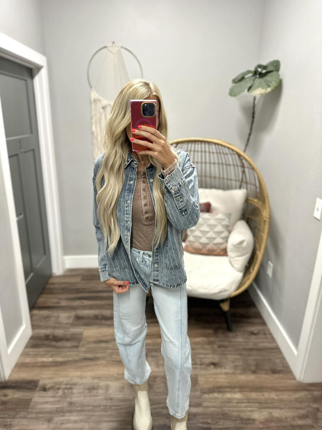 AVA PINSTRIPE DENIM BUTTON UP JACKET TOP