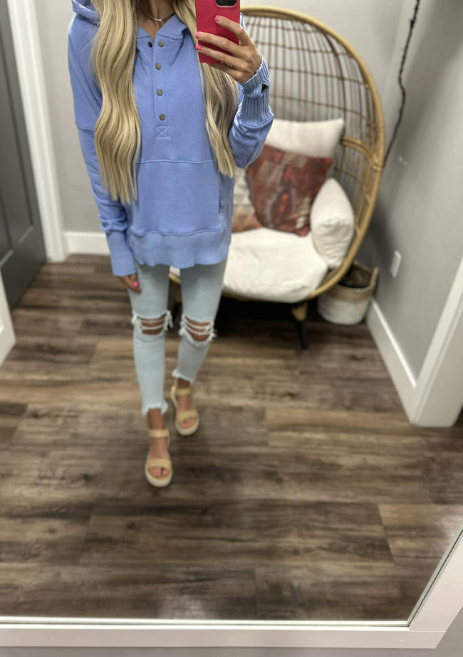 MY ONLY COMFORT PERIWINKLE HENLEY SNAP HOODIE