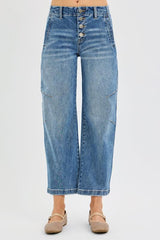 SAMANTHA MID RISE BUTTON FRONT BARREL JEANS