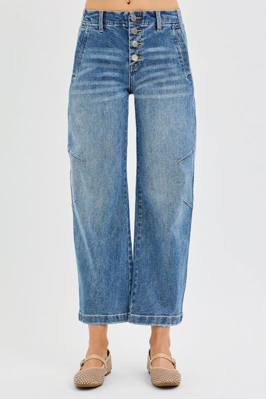 SAMANTHA MID RISE BUTTON FRONT BARREL JEANS