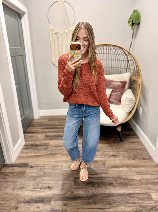 SIERRA COPPER OPEN KNIT LONG SLEEVE SWEATER TOP