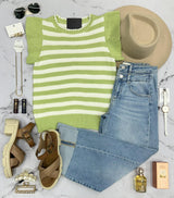 SASHA SOUR APPLE RUFFLE KNIT STRIPE SWEATER TOP
