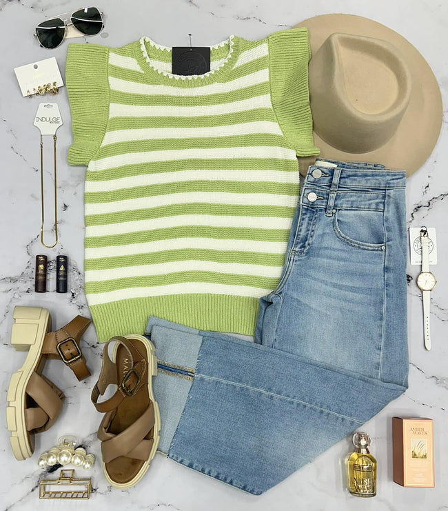 SASHA SOUR APPLE RUFFLE KNIT STRIPE SWEATER TOP