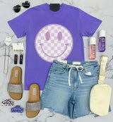 PURPLE CHECKERED SMILEY GRAPHIC TEE