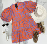 HADDIE ORANGE AND LAVENDER ABSTRACT KNEE LEGNTH DRESS