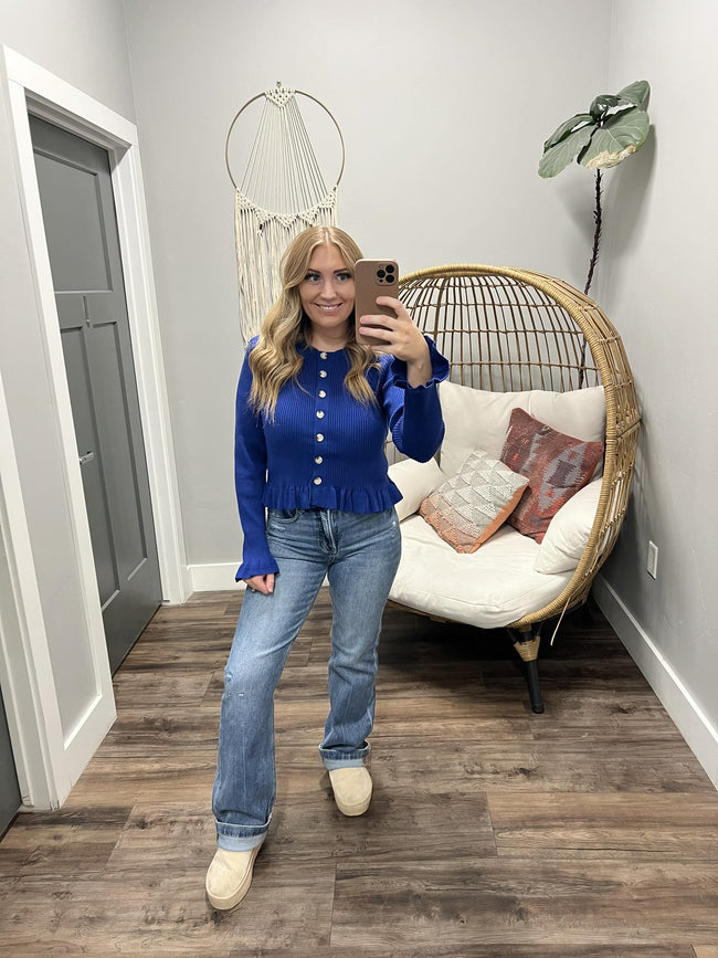 ELLIE COBALT BLUE RUFFLE DETAIL CARDIGAN TOP