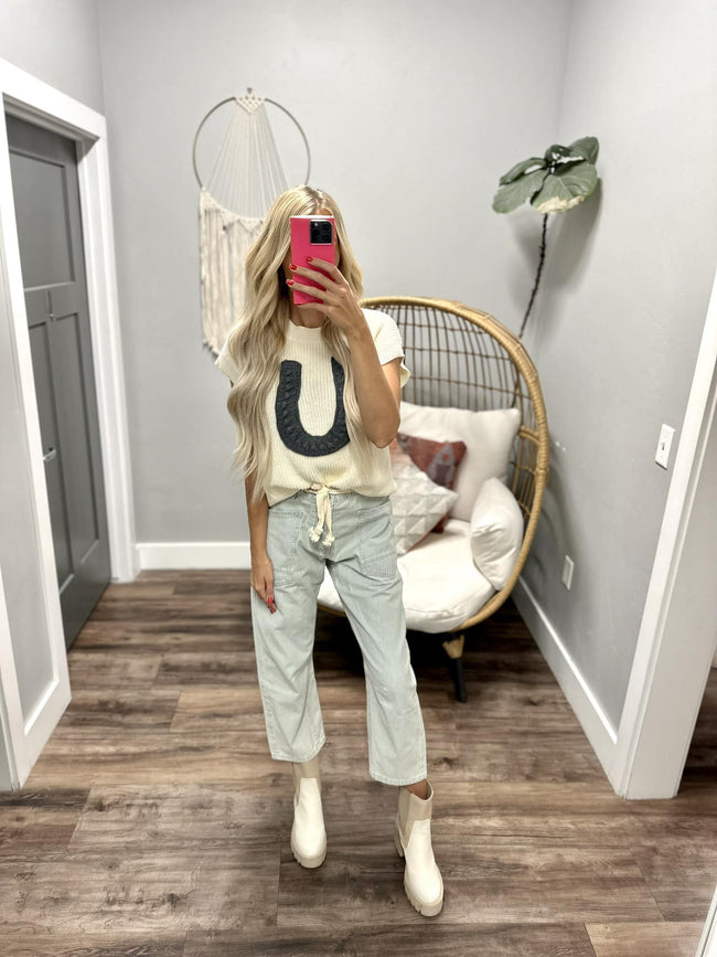 MADISON CREAM WESTERN STITCH SHORT SLEEVE SWEATER TOP