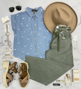 LINDA CHAMBRAY FLORAL BUTTON UP BLOUSE TOP