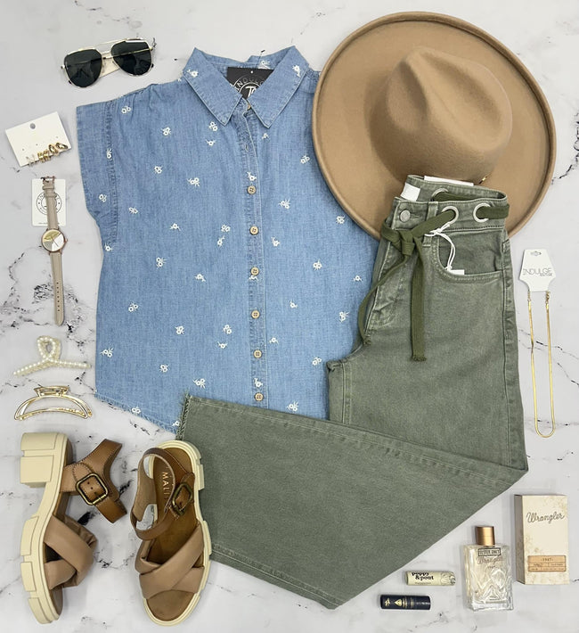 LINDA CHAMBRAY FLORAL BUTTON UP BLOUSE TOP