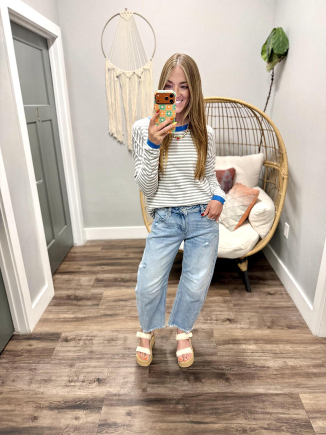 AMBER GREY/COBALT RINGER STRIPE LIGHT WEIGHT SWEATER TOP